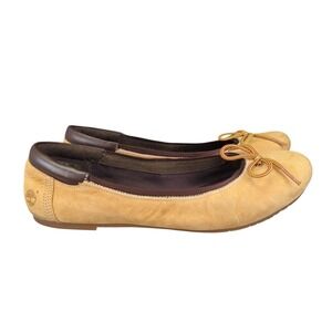Timberland Ellsworth Womens Ballet Flats Suede Leather Yellow Tan Ribbon Tie 9.5